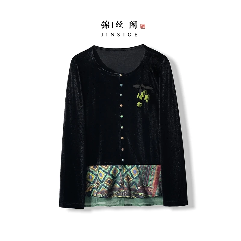 【青辰】2025新款秋季衬衣女式新中式女宽松高级感丝绒拼色长袖衬衫