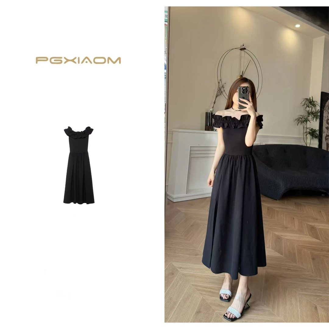 【PGXIAOM】润秀定制【黑天鹅】黑色荷叶花边拼接开叉连衣裙QZ4181