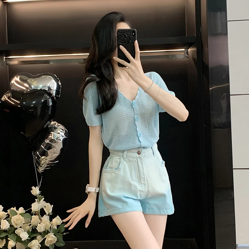 休闲套装女短袖气质洋气牛仔两件套高腰短款时尚夏季薄款显瘦女装