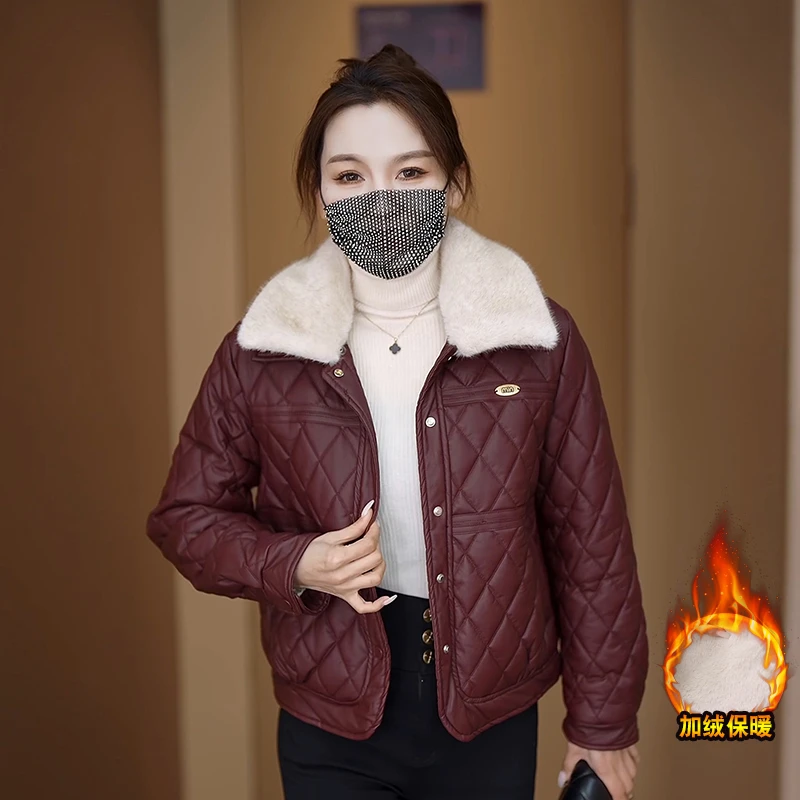 加绒加厚皮夹克上衣女2024春季新款洋气小个子短款保暖棉衣服外套