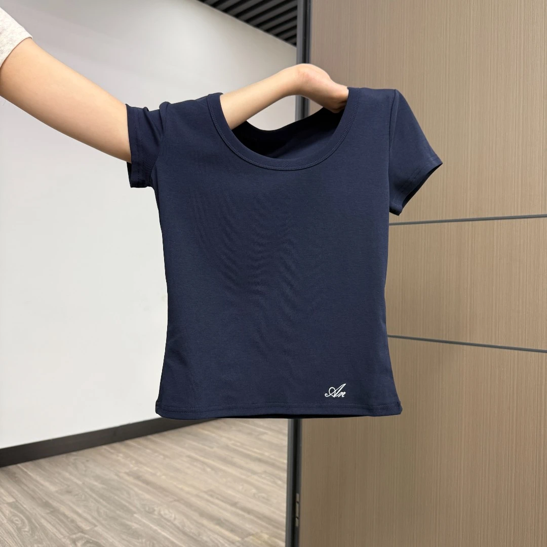 藏蓝正肩设计感刺绣短袖T恤女2025年夏季修身显瘦基础款百搭上衣