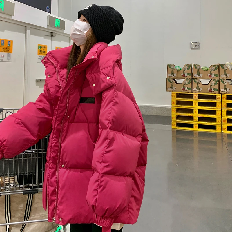 火龙果色羽绒服女2025冬季新款韩系宽松学生棉袄小个子时尚外套