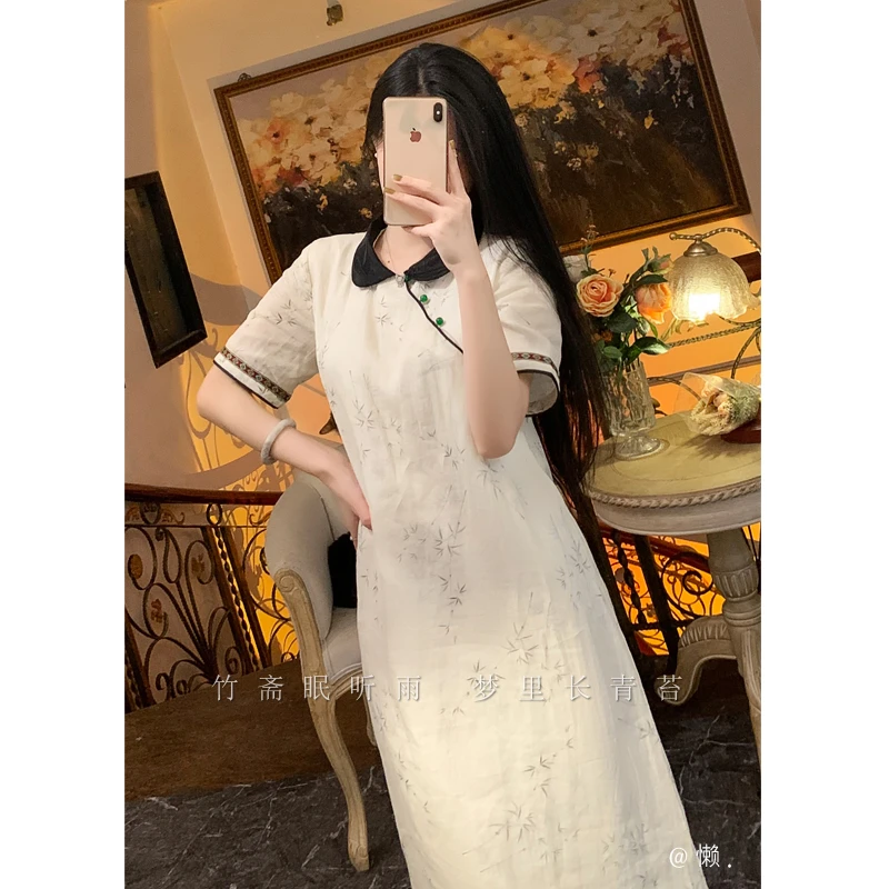 懒· 春语「点春枝」新中式美学晕染竹节改良旗袍连衣裙