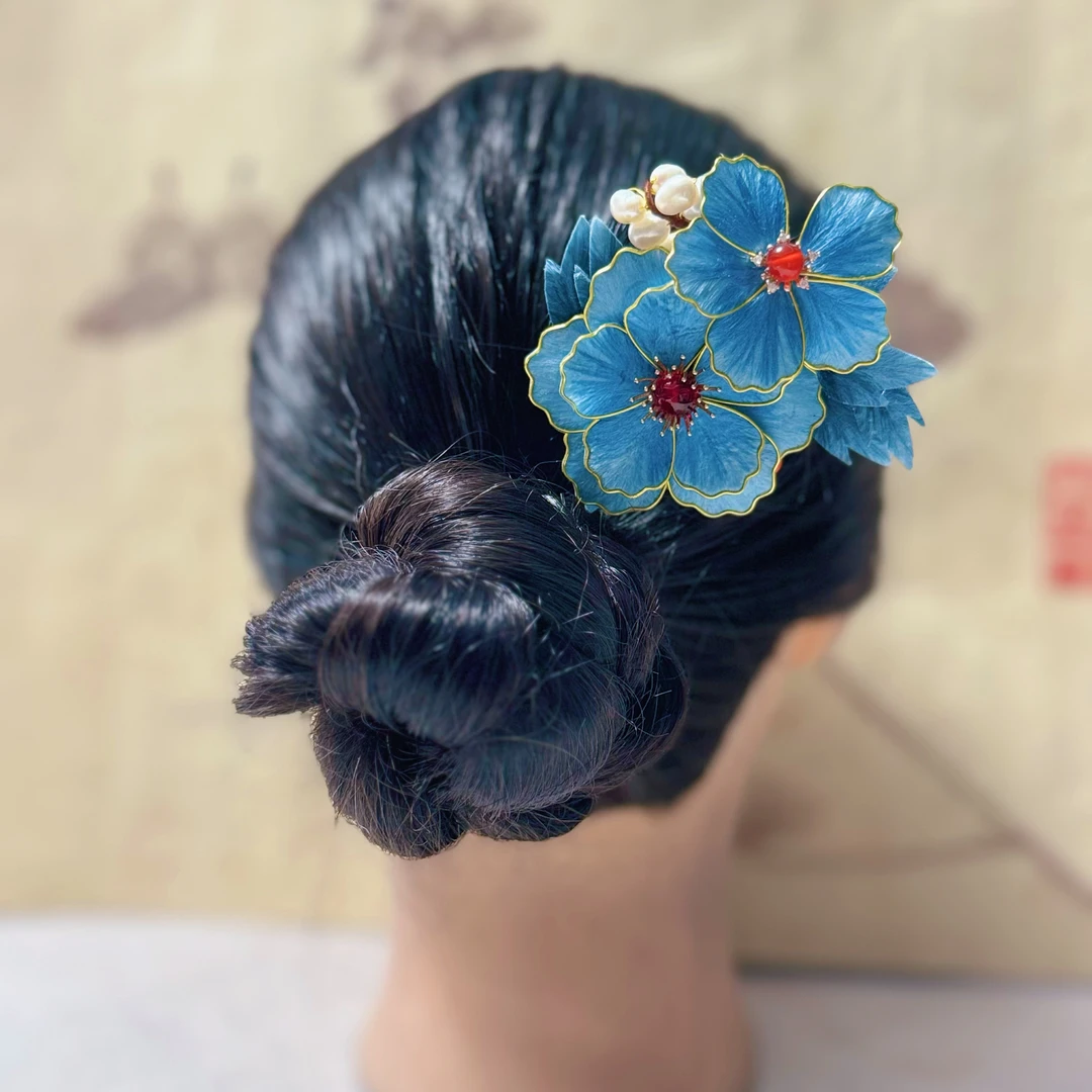 点翠蓝牡丹发梳 非遗绒花工艺 国风仙女百搭