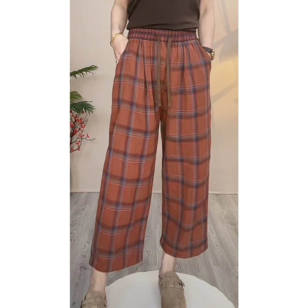 夏季时尚休闲裤宽松显瘦百搭格子潮流女士外穿阔腿格纹裤667