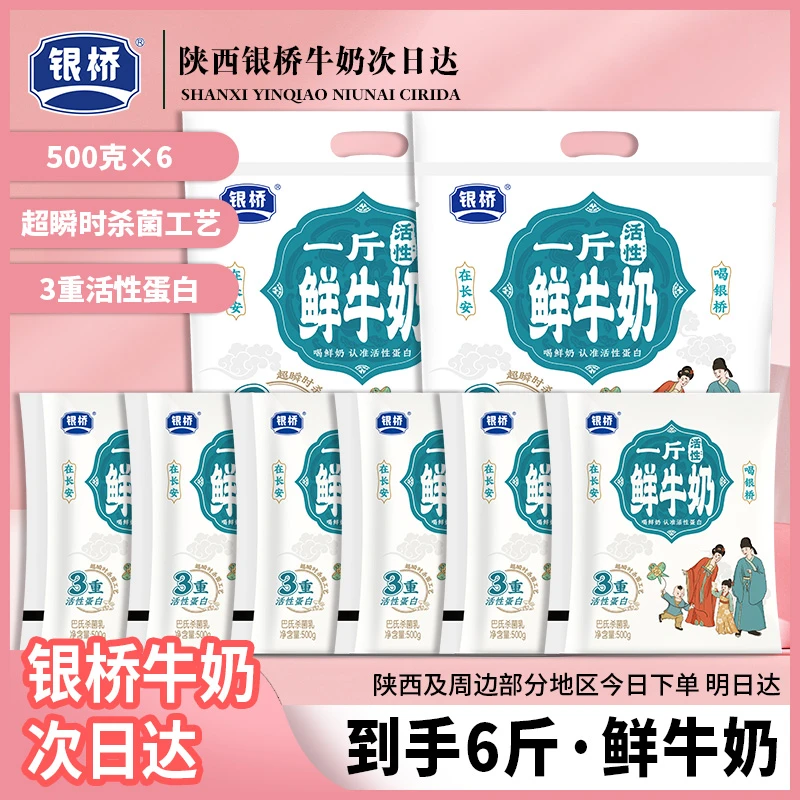 银桥【一斤鲜牛奶】巴氏杀菌乳500g*6袋