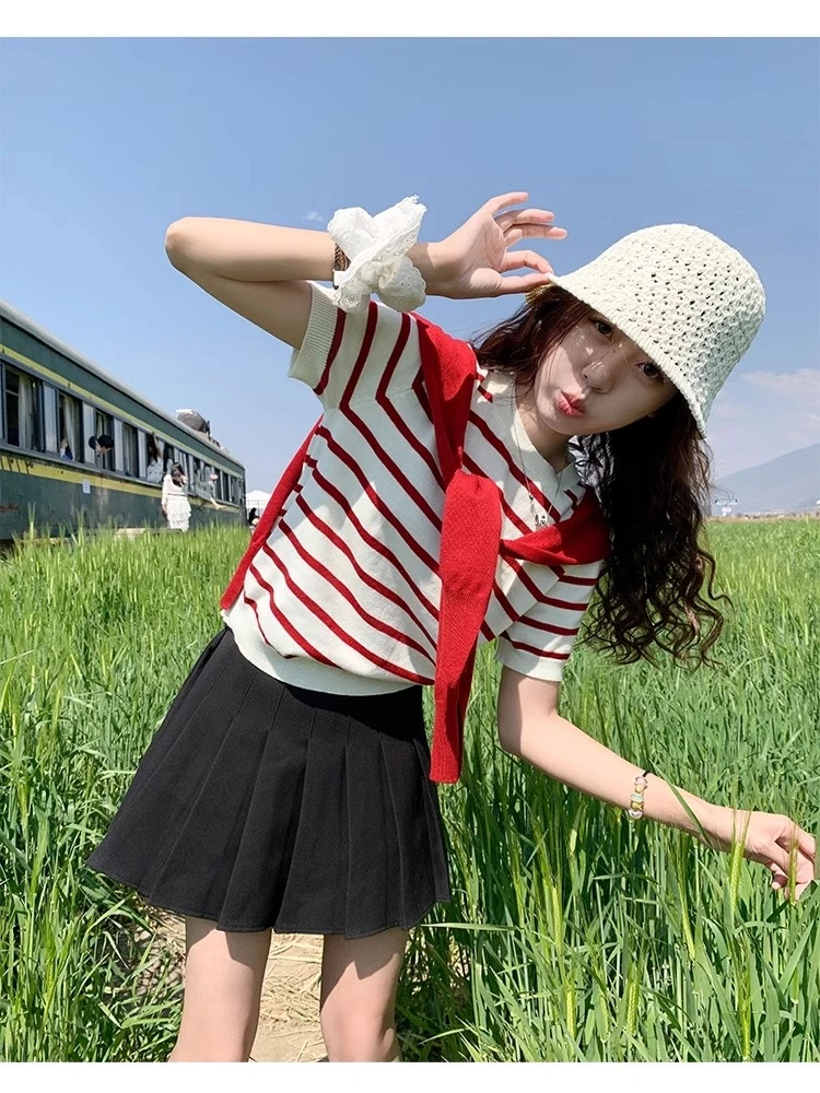 2025新款韩版设计感百搭条纹撞色圆领短袖针织T恤带披肩上衣H7-19