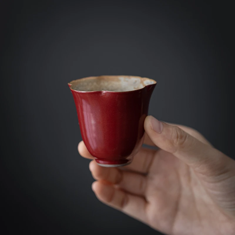 宫墙红主人杯茶杯陶瓷色釉手工功夫茶具胭脂红单个花口杯