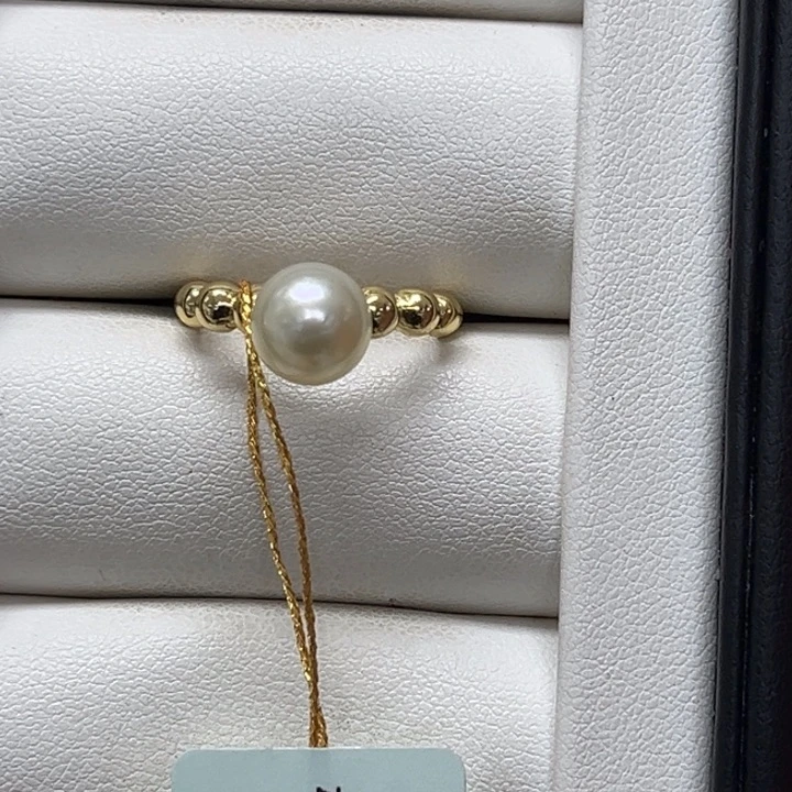 海水珍珠银S925镶嵌戒圈金珠8-9mm18号