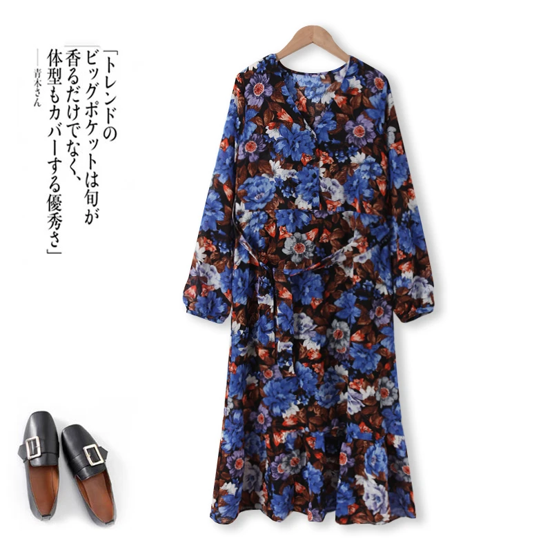 夏季新款女士印花连衣裙V领时尚长裙百搭宽松显瘦00596简约舒适