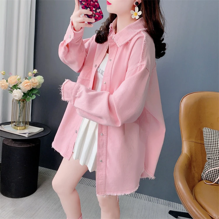设计感毛边纯色长袖牛仔衬衫女春季2025新款宽松休闲百搭外套上衣