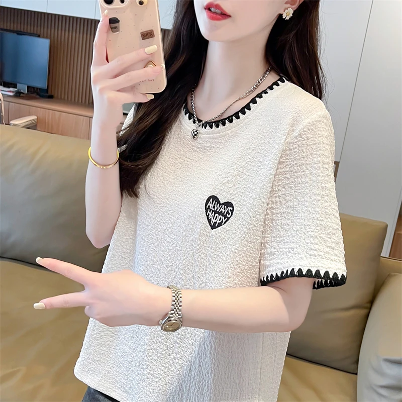 设计感小众小个子短袖t恤女夏季韩版宽松大码女装撞色正肩上衣服