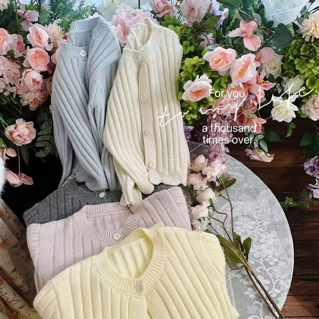 FLL-53612-儿童女童公主坑条撞色针织毛衣开衫（秋款）