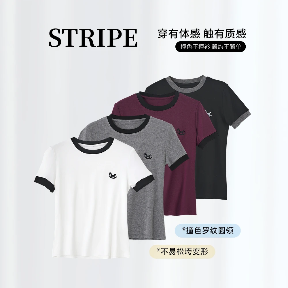 刺绣设计感时尚钉珠短袖T恤圆领拼接撞色休闲简约百搭打底衫T161