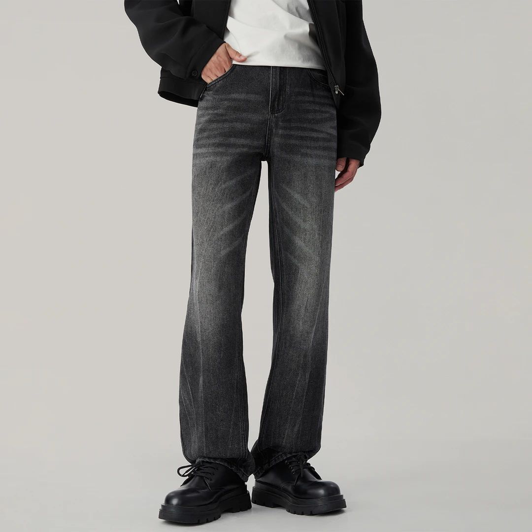 复古黑色水洗直筒牛仔裤男春季新款美式高街重工扎花宽松阔腿长裤