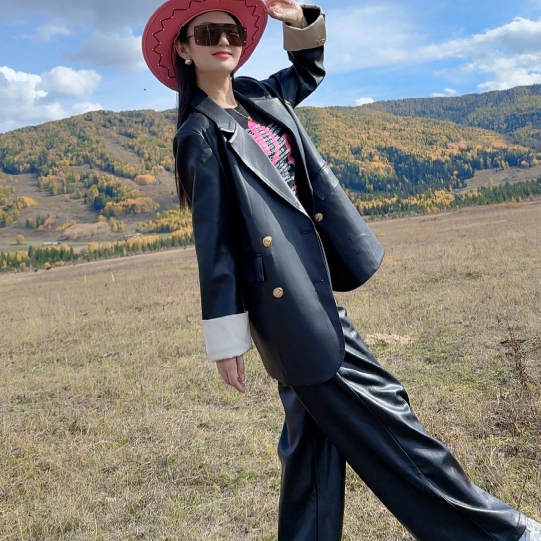 新款高级感PU皮裤女春秋大码阔腿裤松紧腰垂感休闲直筒拖地裤