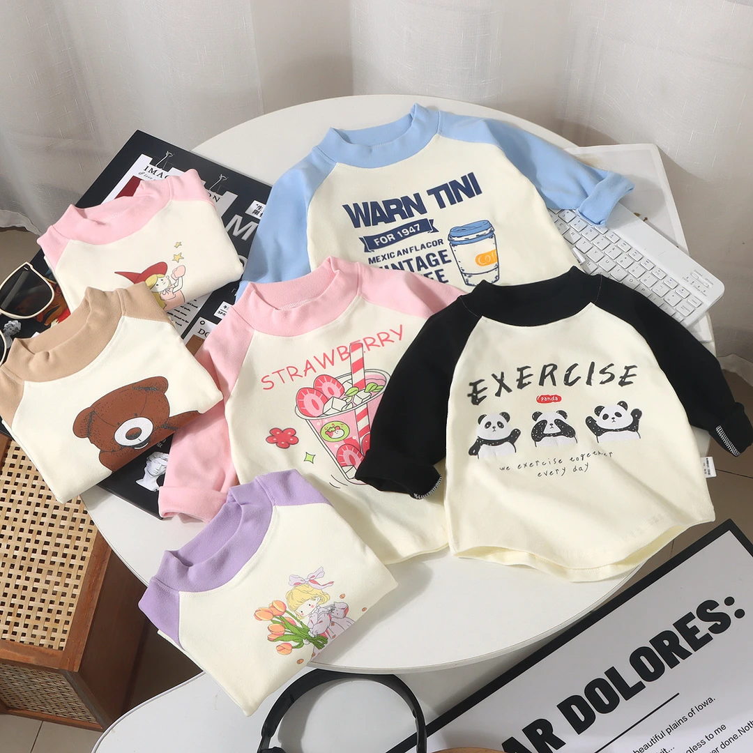 德绒拼色长袖上衣春秋新款童装打底衫男女宝卡通时尚打底上衣