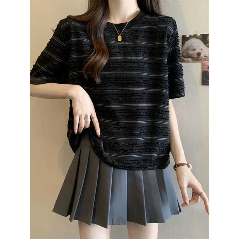 网红洋气炸街女装宽松条纹短袖T恤上衣爆款2025夏季新款轻奢小众