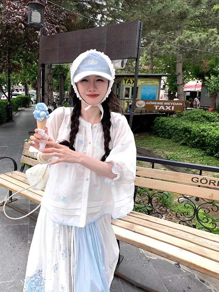 渔小平【海盐奶油塔塔】莱赛尔苎麻气质短袖衬衫上衣+半裙碎花套装