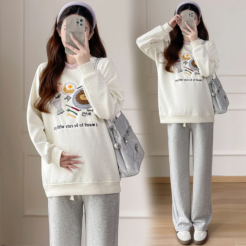 2025孕妇套装春秋新款刺绣卫衣女宽松时尚圆领上衣中长款两件套装