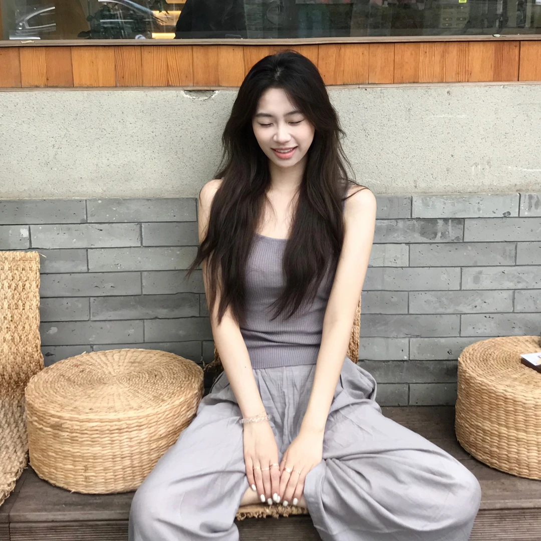 pinkpepper清冷感气质紫色针织开衫+吊带背心宽松休闲裤套装