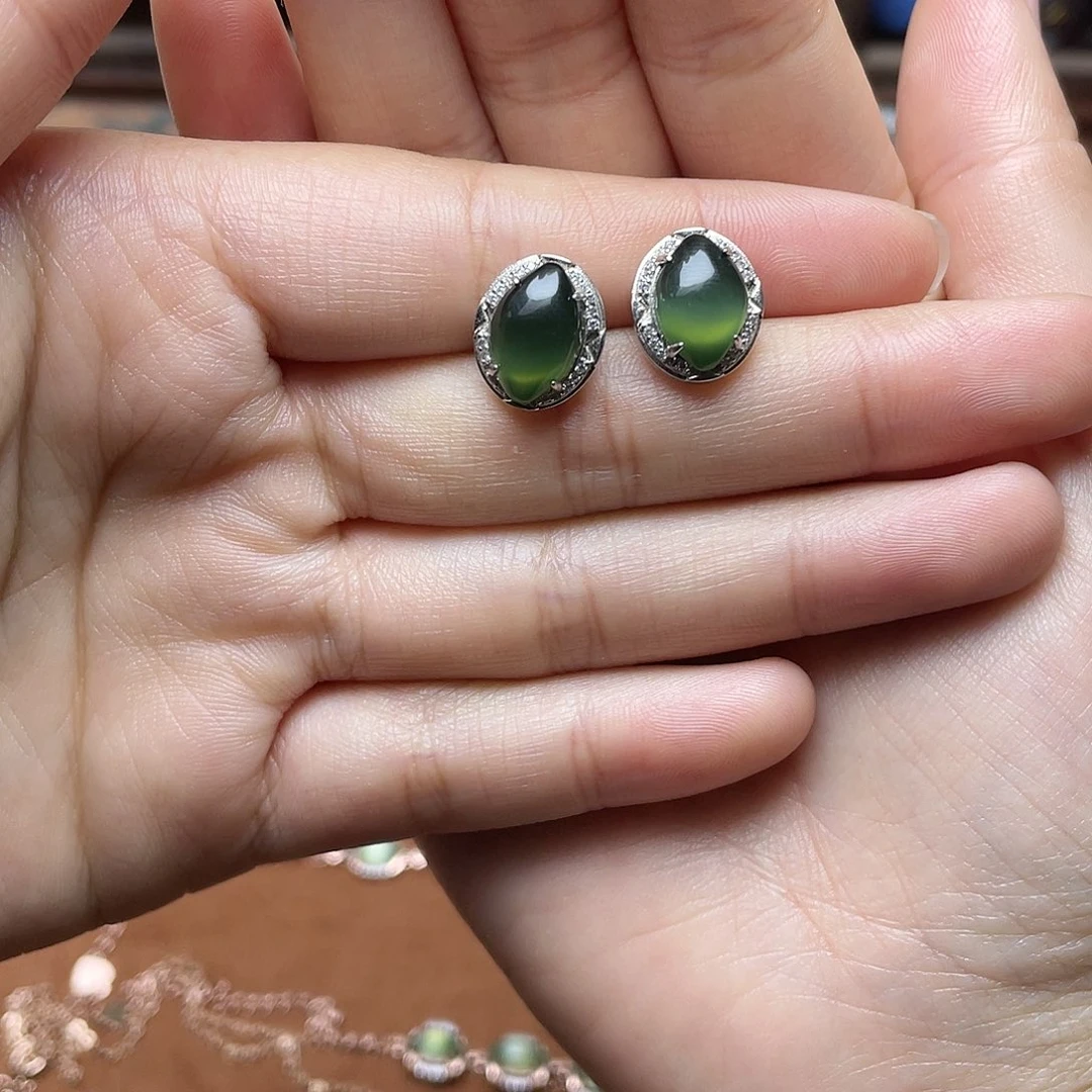 和田玉（碧玉）银S925镶嵌吊坠(赠链)耳钉