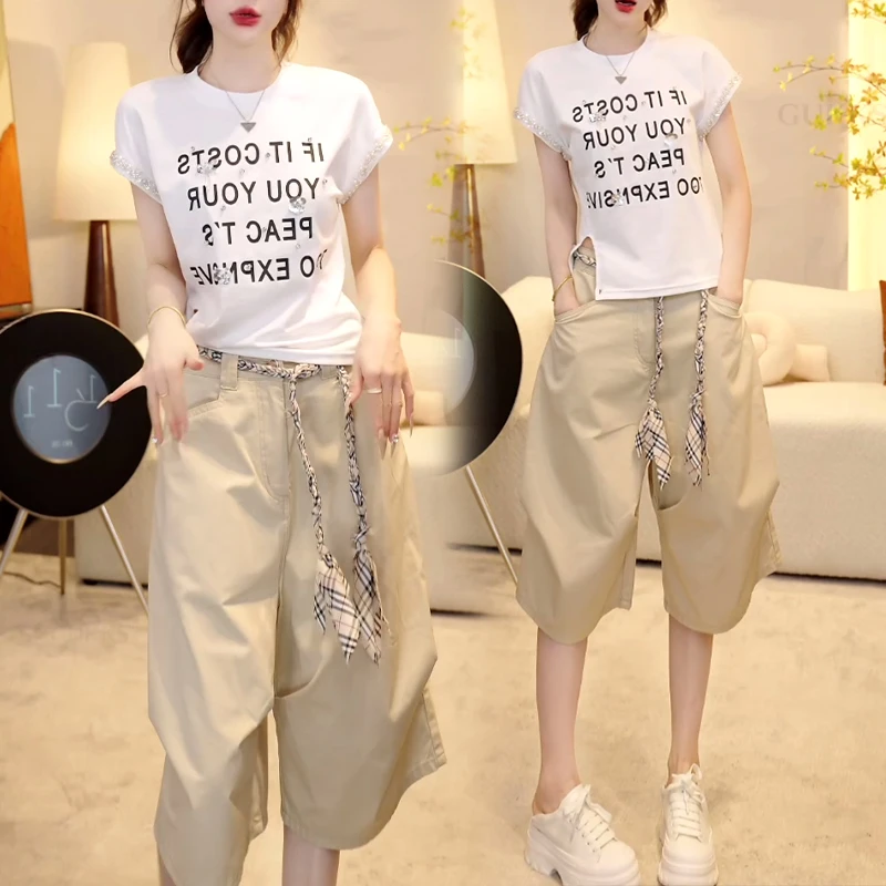 小个子时尚短袖T恤阔腿裤两件套2025夏季新款女生韩系高级感套装