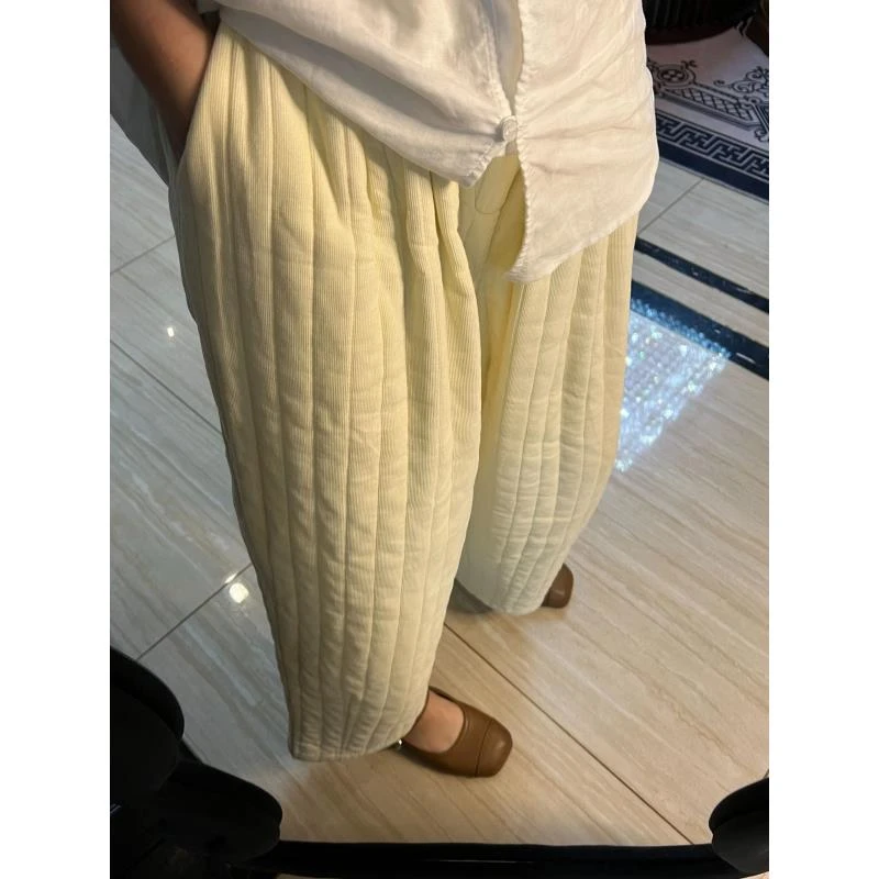 月月 竖坑条冬季文艺休闲松紧腰保暖宽松棉裤休闲裤女