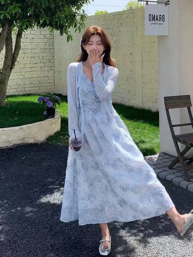 2561法式碎花连衣裙吊带裙两件套