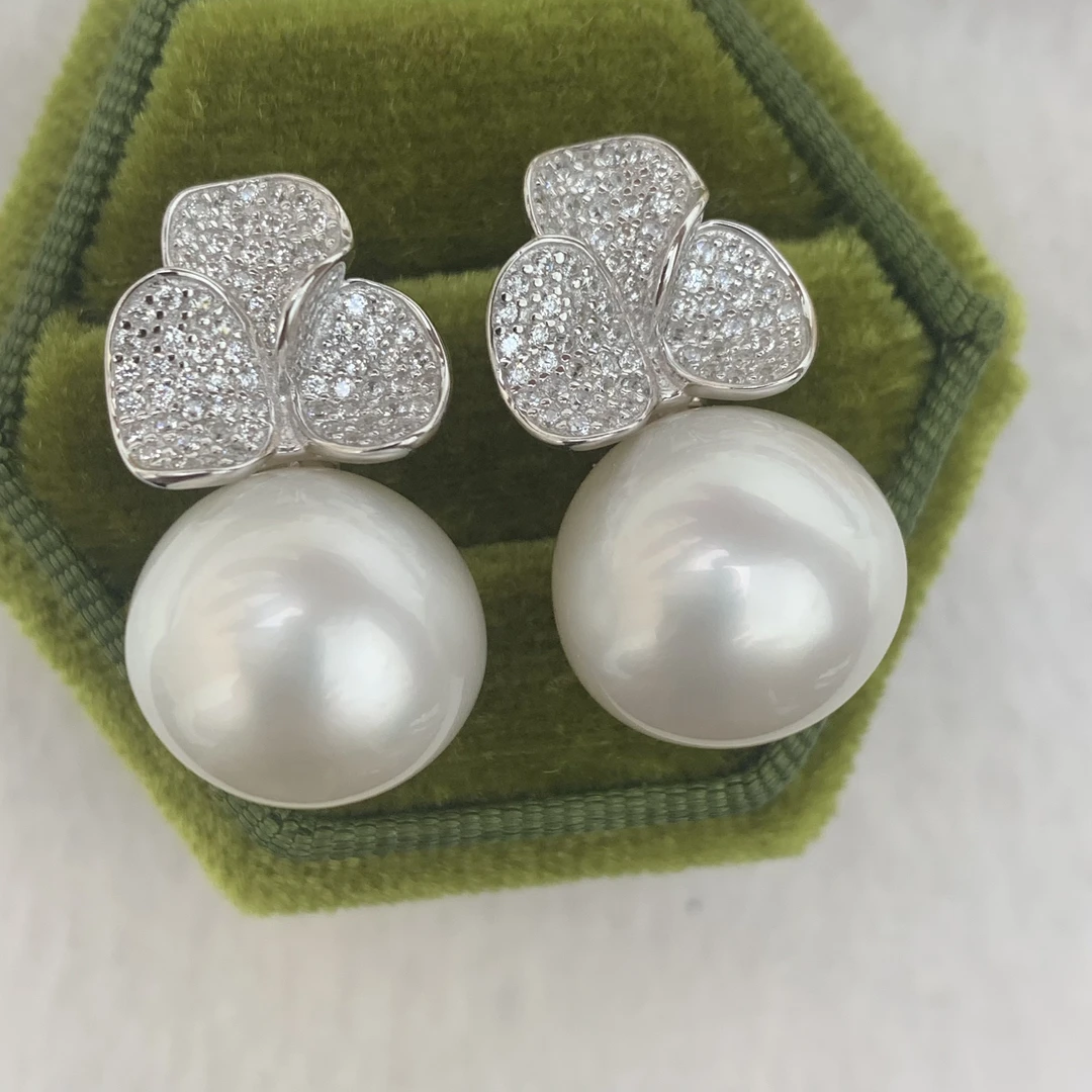 （三叶款）海水珍珠澳白13-14mm耳钉耳环款大气经典款送朋友礼物