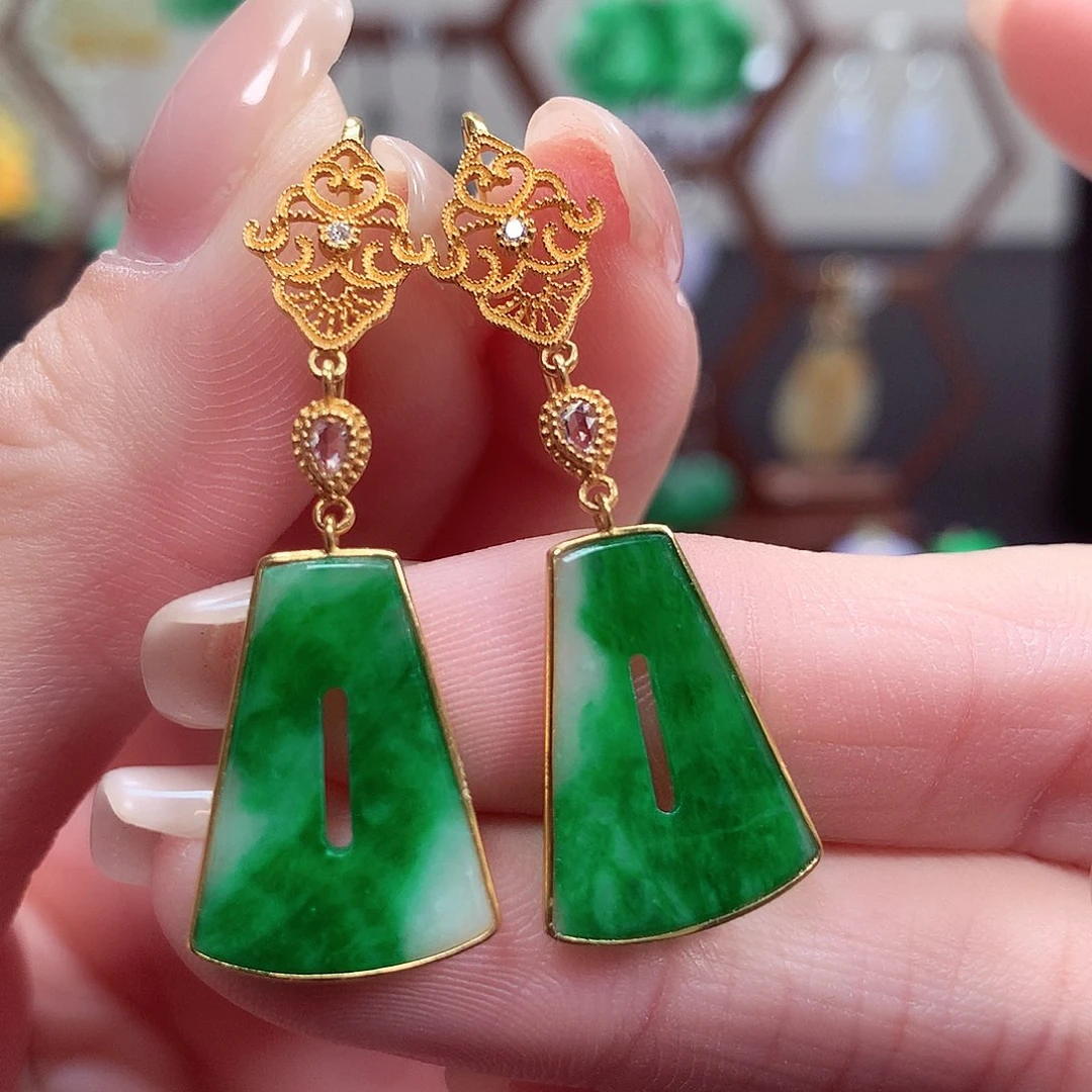翡翠耳饰18K金镶嵌天然翡翠