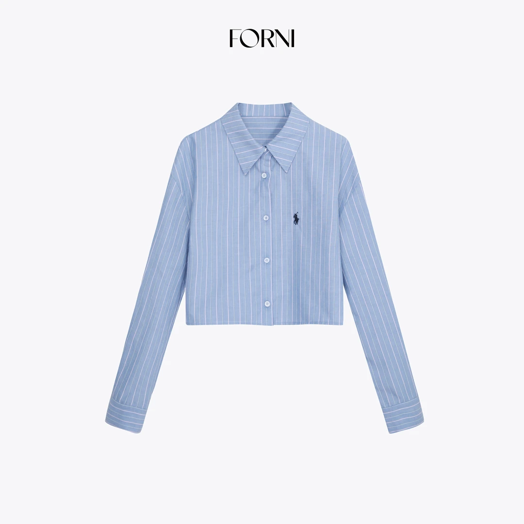 FORNI 时装知识分子 强捻精梳棉色织蓝白条纹翻领衬衫短外套