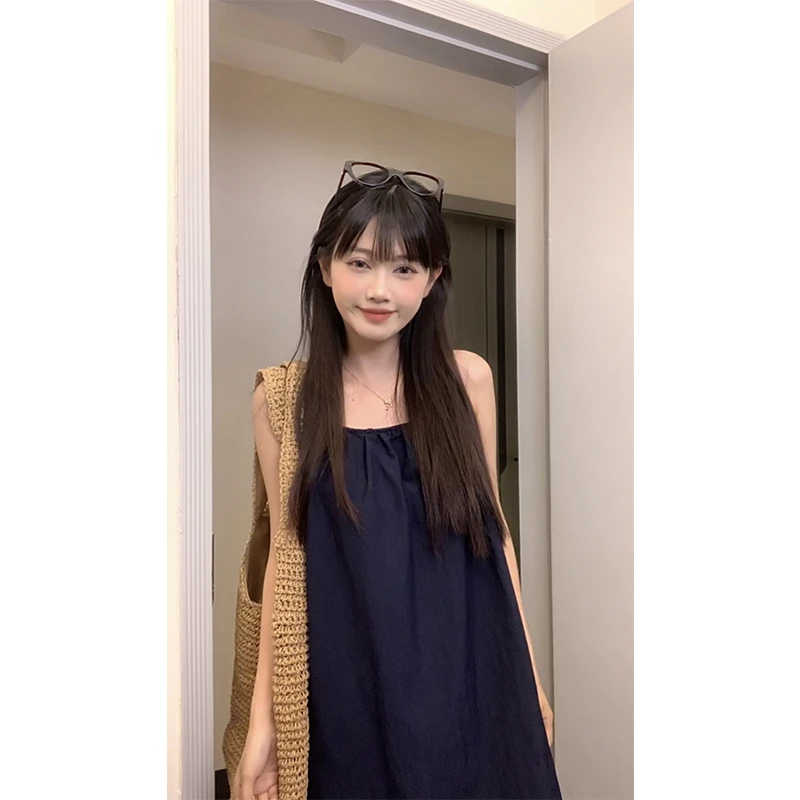 【陈仔】春日韩女 复古韩系设计感吊带连衣裙宽松显瘦长裙703