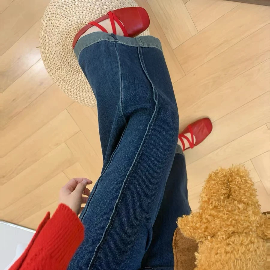 孕妇牛仔裤秋季外穿2025新款翻边显瘦直筒裤宽松无托腹窄版阔腿裤