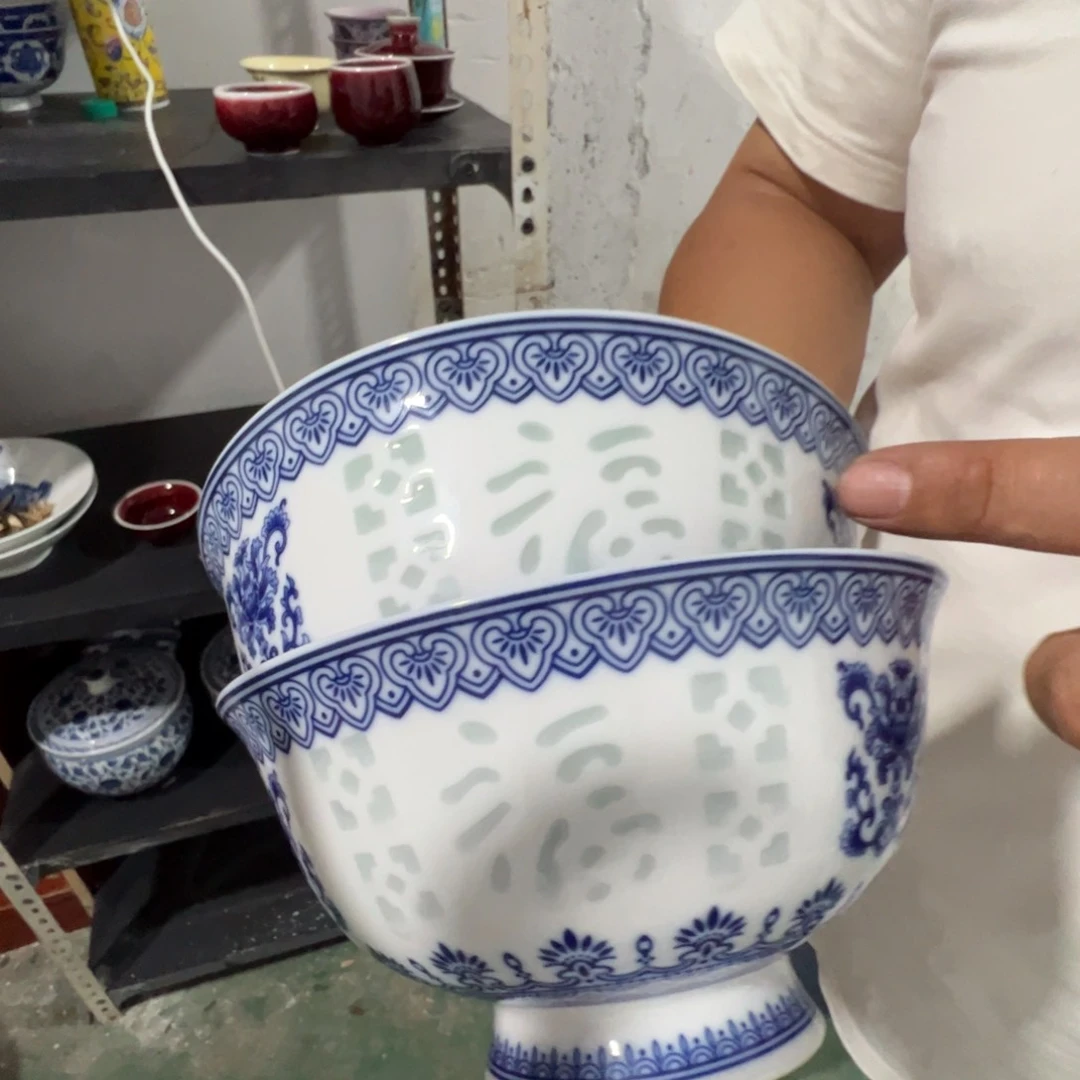 瓷片景德镇陶瓷青花玲珑6寸面碗2只