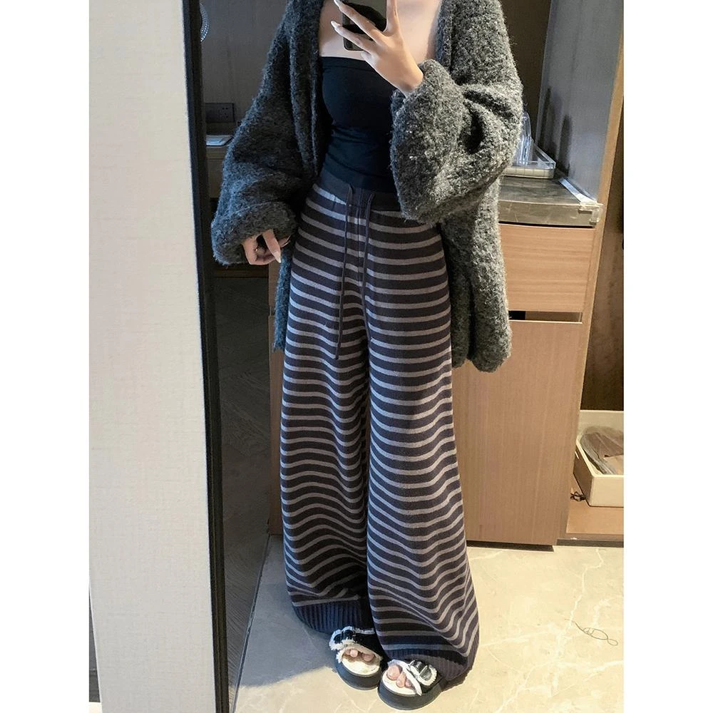 韩系休闲风条纹松紧腰针织裤女春季新款阔腿裤显瘦显高百搭长裤潮