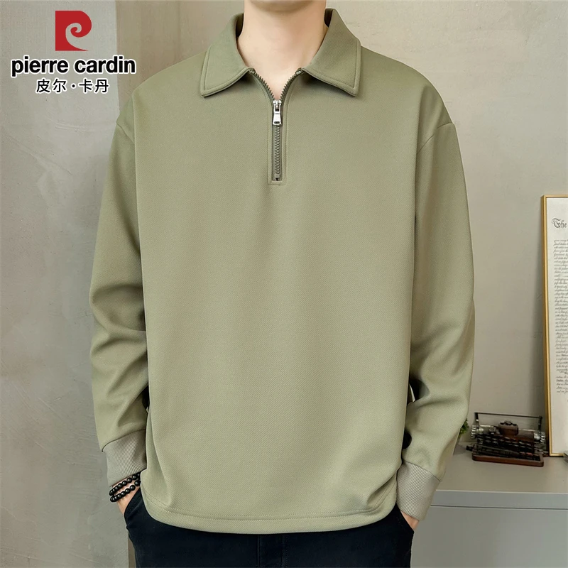 皮尔卡丹长袖T恤男士春秋季纯色半拉链宽松翻领新款休闲POLO衫男