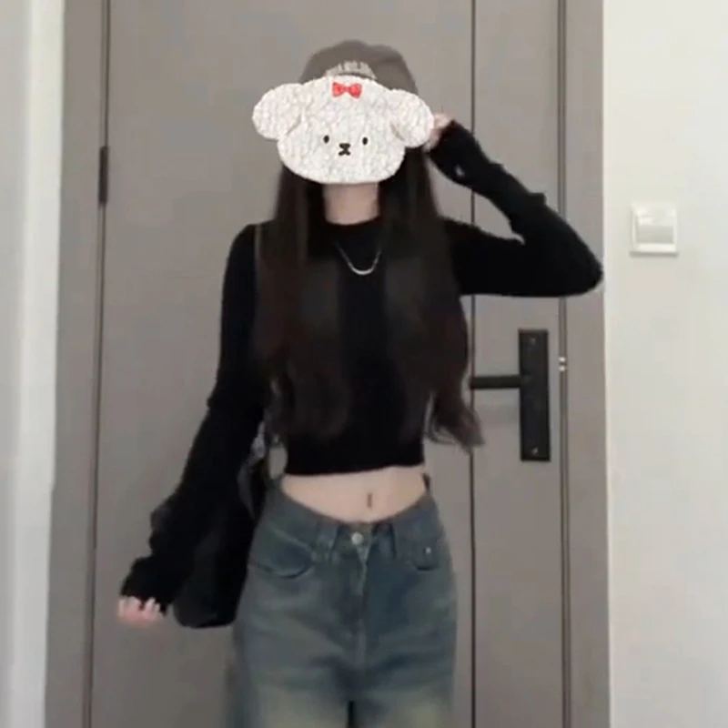 美式2025正肩长袖t恤女秋季内搭打底衫修身显瘦辣妹短款紧身上衣