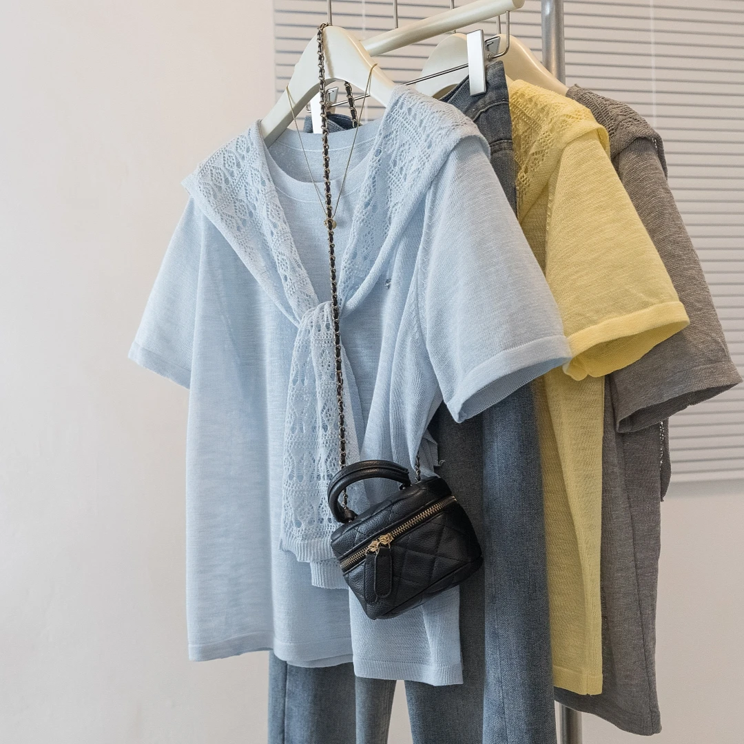 蕾丝钩花披肩冰丝短袖T恤女夏季新款大码胖妹妹宽松显瘦百搭上衣