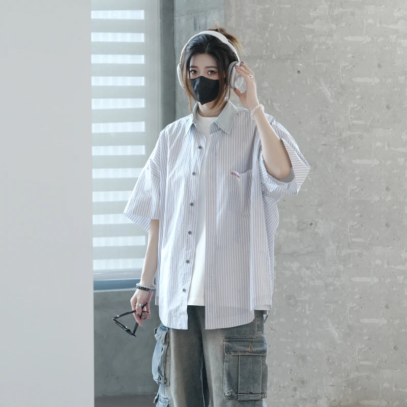日系cityboy蓝格衬衫外套男半袖翻领纽扣条纹衬衫ins男大潮牌短袖