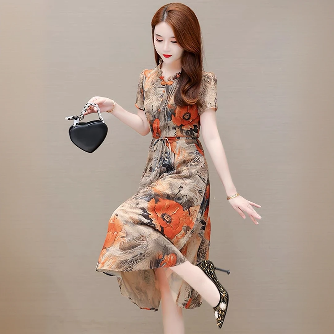 深圳南油高档雪纺裙子女碎花春夏出行游玩短袖收腰显瘦气质连衣裙