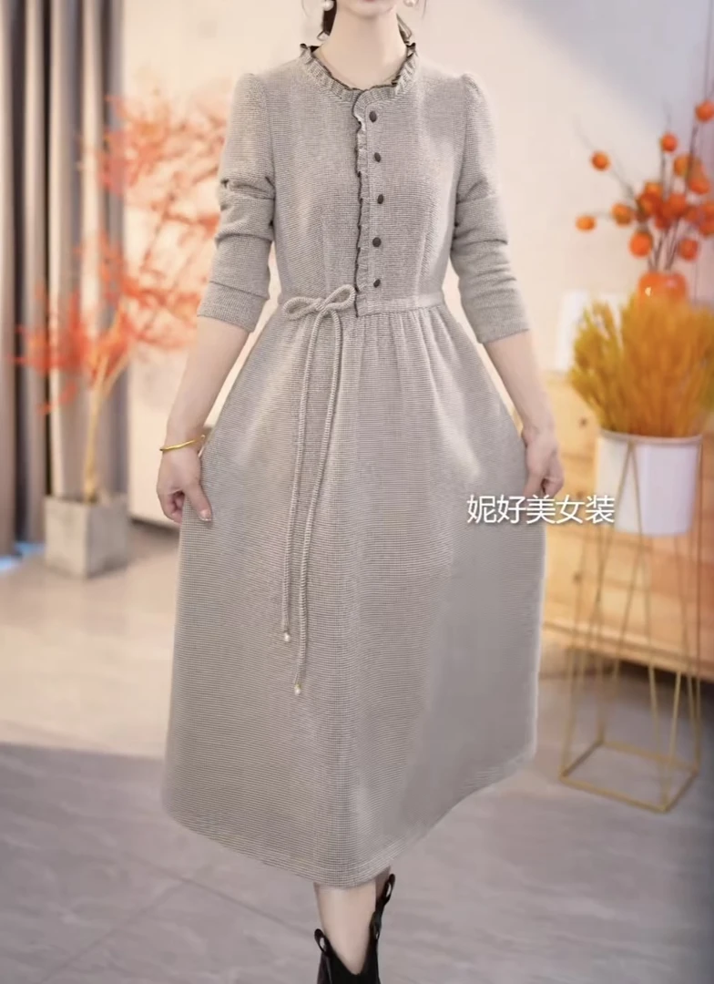 法式时尚修身收腰新款气质百搭显瘦洋气春秋长袖中长款连衣裙