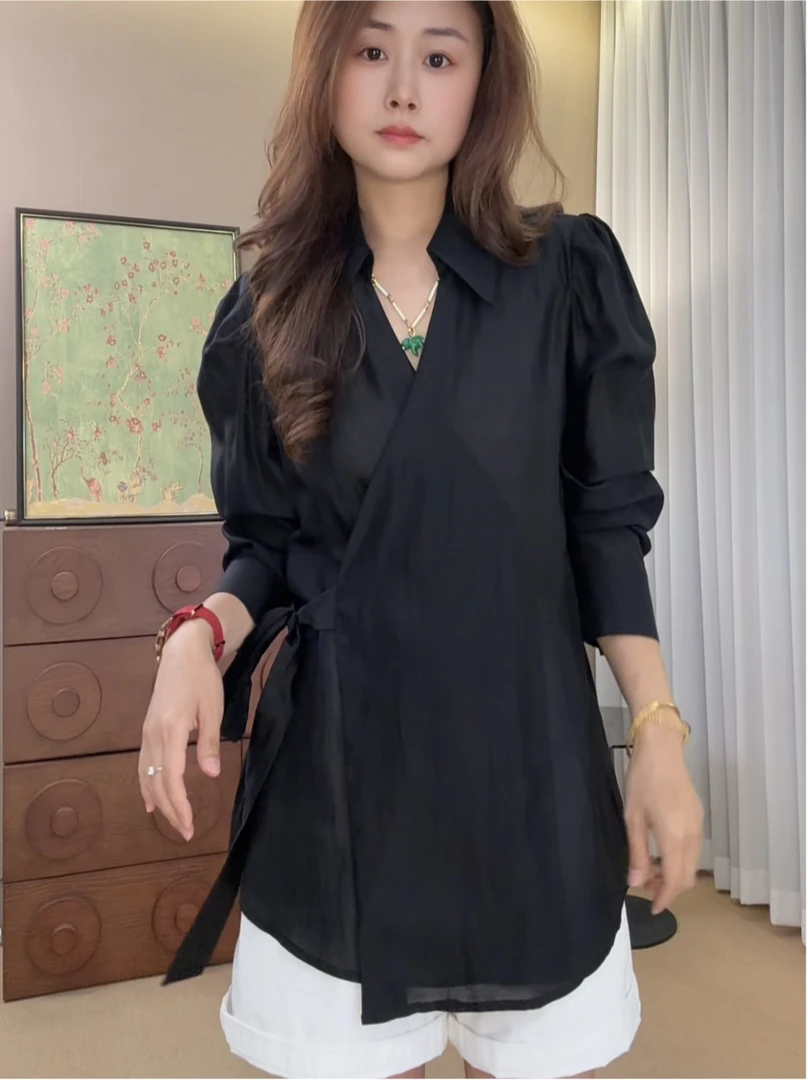 “神秘优雅”衬衣2025新款未来辣妹百搭上衣绑带衬衫86098