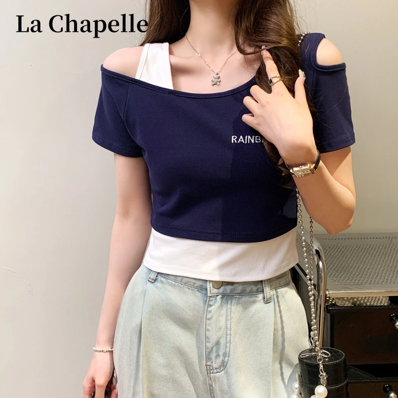 拉夏贝尔夏季假两件露肩短袖T恤女设计感小众短款高腰修身上衣女