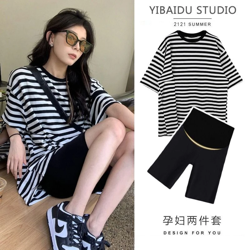 孕妇装夏季套装时尚款韩版条纹上衣网红宽松休闲孕期短裤两件套装