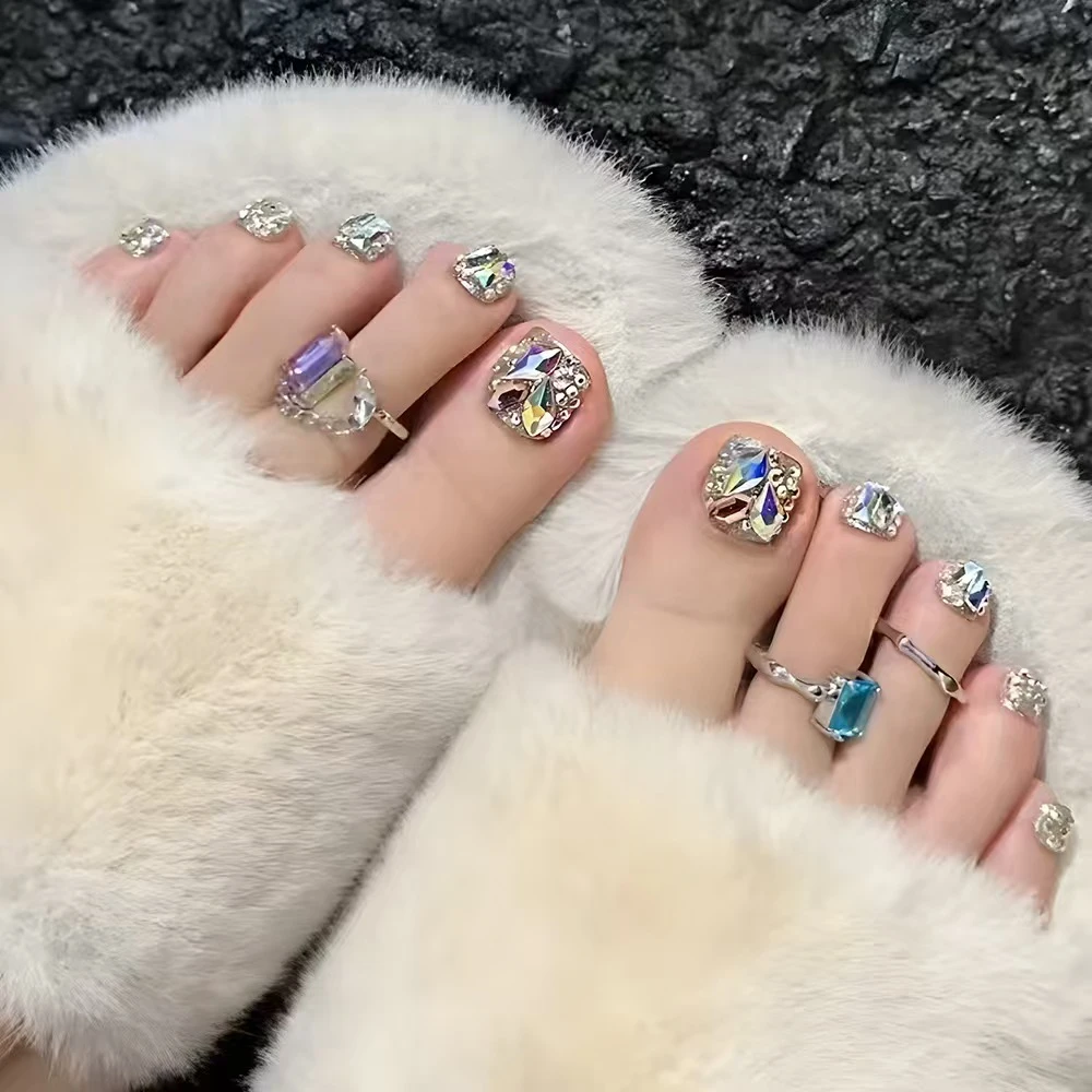 【银底幻彩钻】脚甲 夏日高级感手工镶钻穿戴式美甲贴指甲贴成品甲