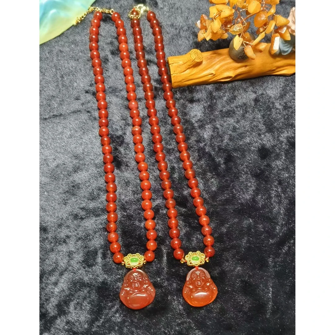 S7424【福嘟嘟】血宝牛黄玉红玛瑙佛公项链-多样性只发一件