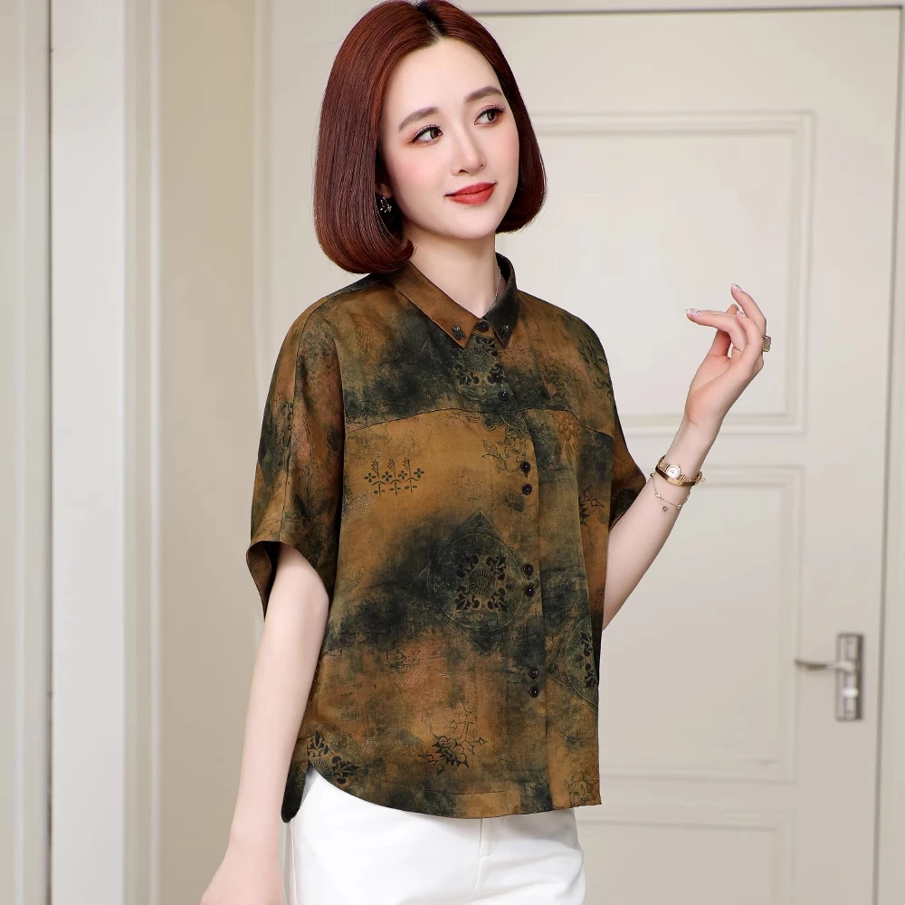 2025年夏季新款真丝上衣时尚国风复古印花新中式香云纱衬衫妈妈装