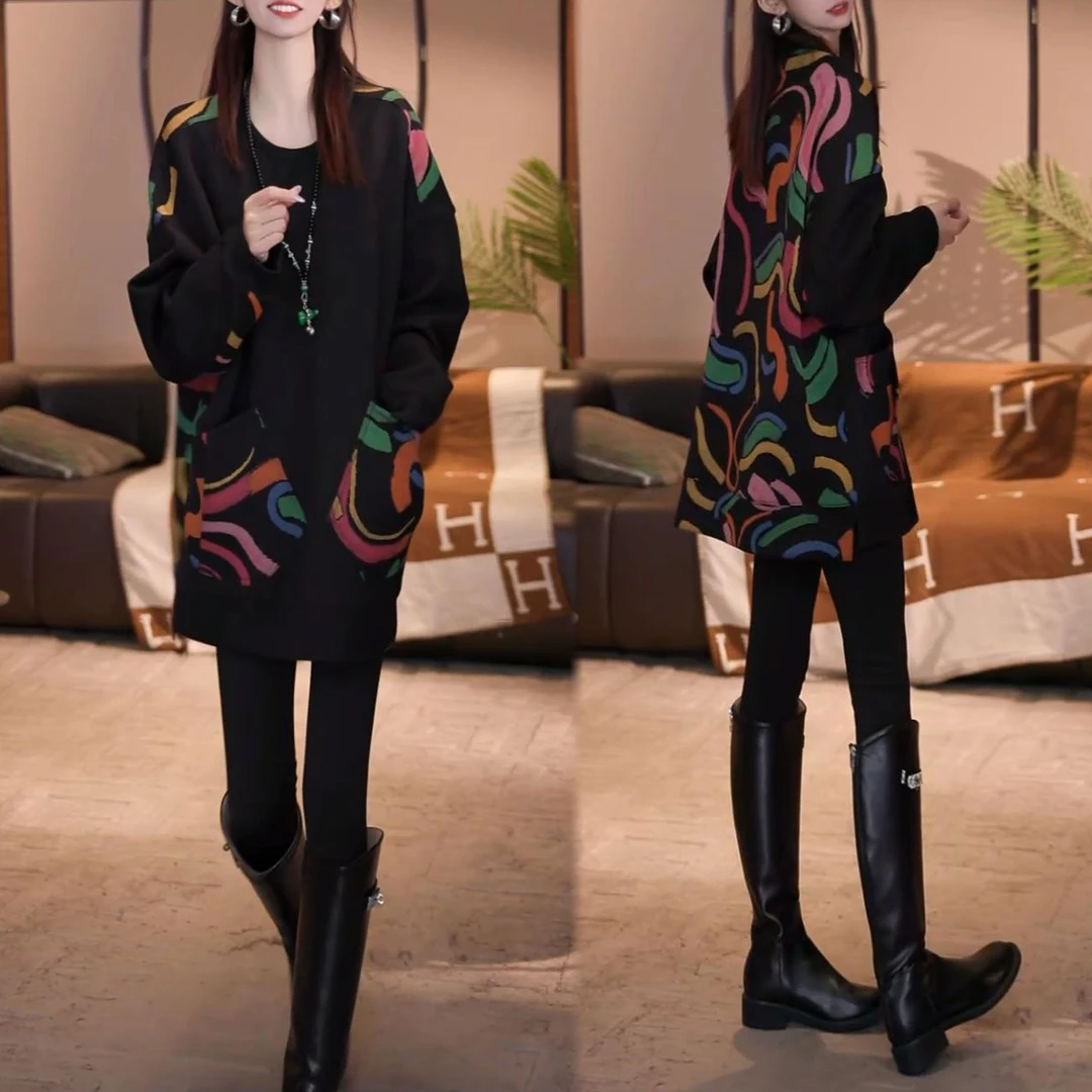 2026秋冬新款韩系时尚几何图案印花气质圆领中长款加厚保暖卫衣女