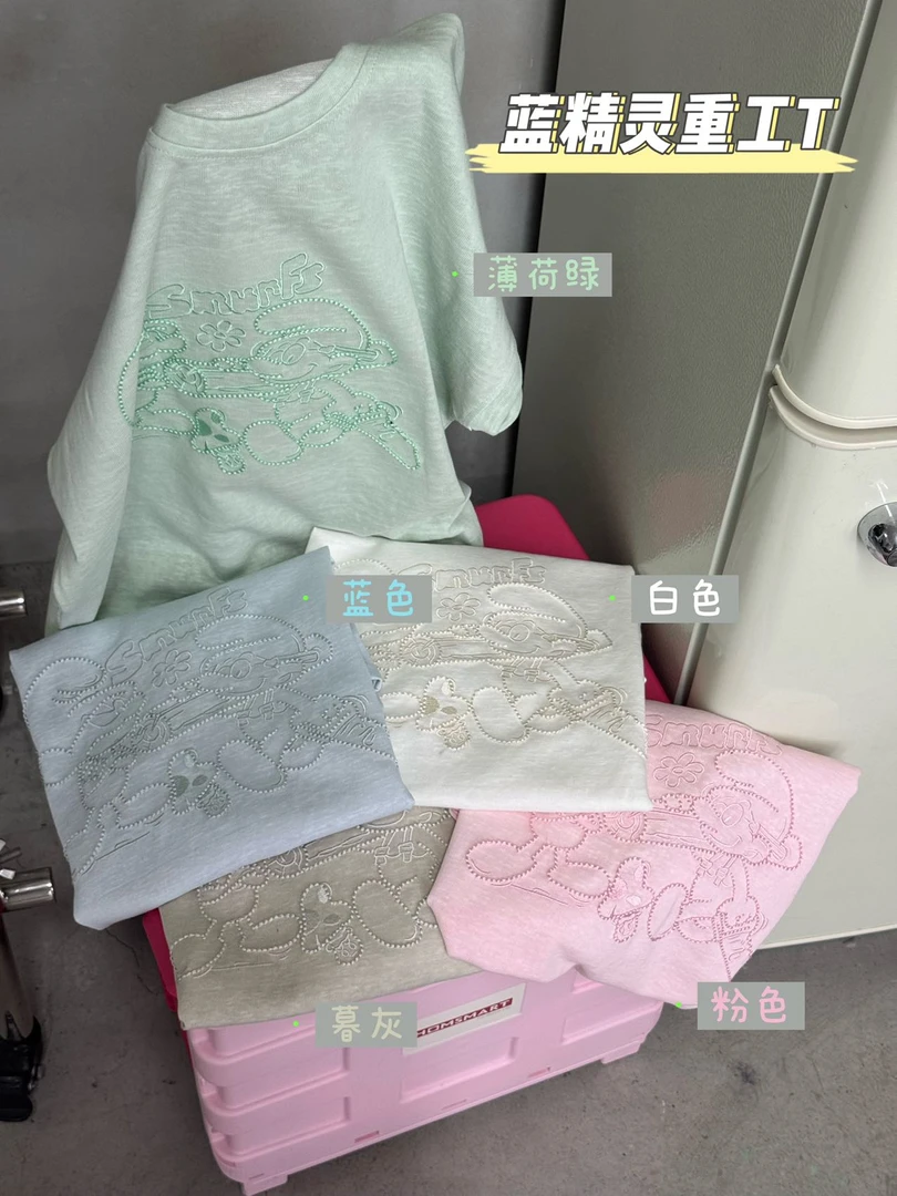 085【夏季新款】立体刺绣两只蓝精灵卡通百搭圆领T恤（254139）